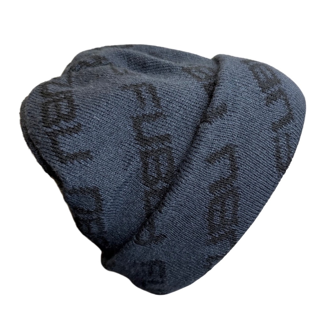 FUBU Beanie Hat Navy Blue All Over Logo Print Knit Cuffed Streetwear Y2K Mens